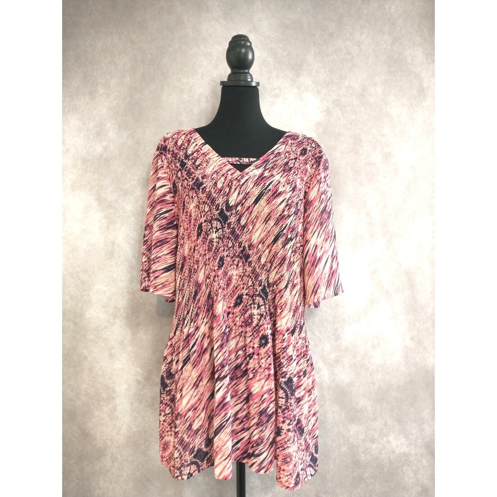 Catherines Crinkle Blouse Pink Indigo & White 3/4 Sleeve V-neck Top 1X